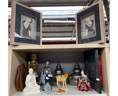 A Shelf of oriental wares to include perfume/ snuff bottle, Chinese Emperor doll, Geisha porcelain figurine and framed raised