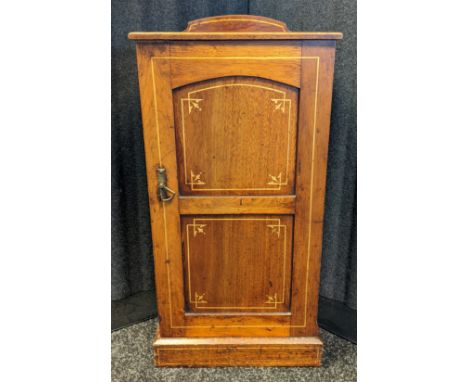 Antique inlaid oak cabinet, the front opening to interior shelf and storage, raised on a plinth base [82x38.5x34.5cm] 