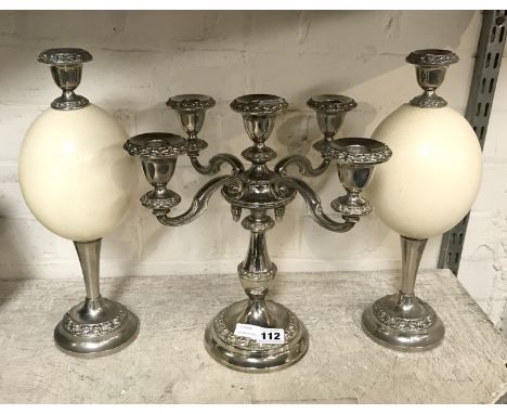 SILVER PLATE CANDELABRA &amp; PAIR OF SILVER PLATE OSTRICH EGG CANDLESTICKS - 34 CMS