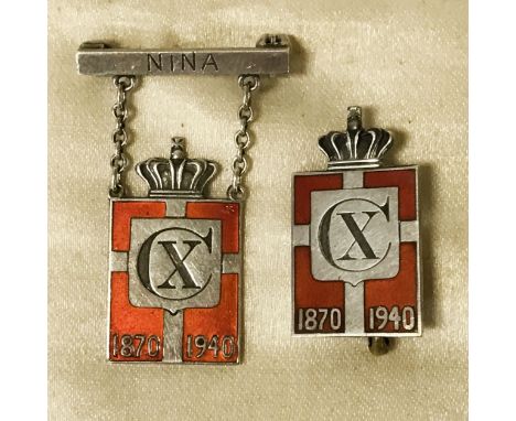 TWO GEORG JENSEN SILVER &amp; ENAMEL BADGES - KINGS EMBLEM - CIRCA 1940