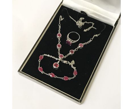 925 &amp; RUBY NECKLACE &amp; MATCHING RING &amp; BRACELET