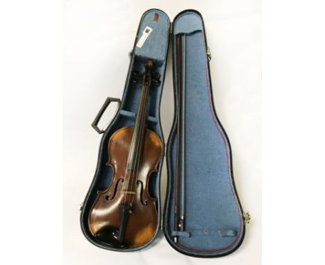 EARLY VIOLIN &amp; BOW IN CASE &amp; ACCESSORIES