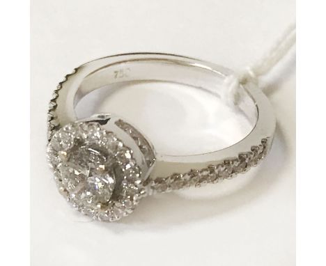 18 CT. WHITE GOLD DIAMOND SOLITAIRE RING WITH HALO CLUSTER TOTAL CENTRE DIAMOND 0.50 CT TOTAL DIAMOND WEIGHT IS APPROX. 0.85 