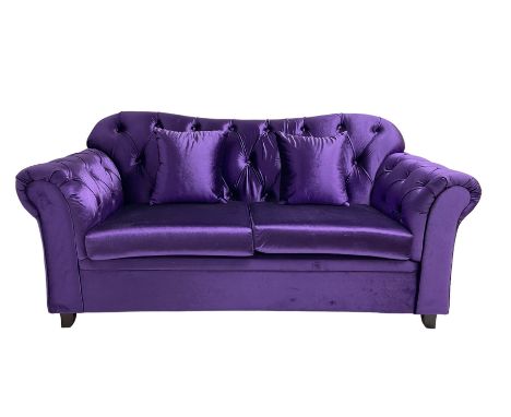 Chesterfield shaped two seat sofa, upholstered in buttoned purple fabric, with scatter cushionsDimensions: Height:&nbsp;89cm&