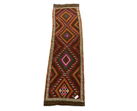 Suzni Kilim multi-colour runner, decorated with repeating lozenges, geometric designDimensions: Length/Width:&nbsp;267cm&nbsp