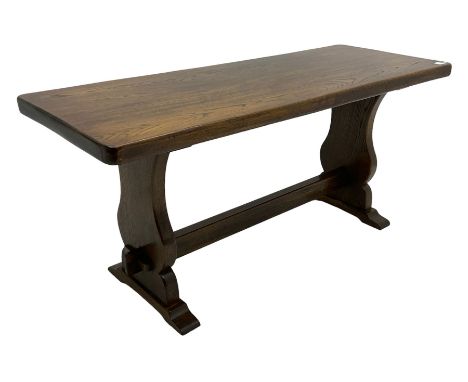 Rectangular oak coffee table, on shaped end supports joined by pegged stretcher (107cm x 40cm, H49cm), and a mahogany tripod 