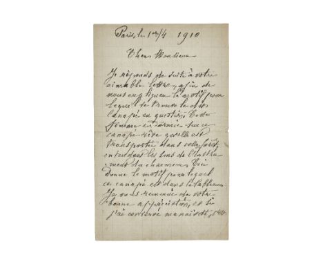 HENRI LE DOUANIER ROUSSEAU (1844-1910)LETTRE AUTOGRAPHE SIGNÉE à Cher Monsieur. Paris, le 1 avril 1910, 3 pages in-12 à l'enc