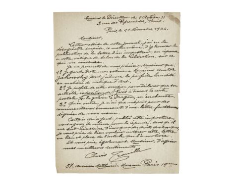 CLOVIS TROUILLE (1889-1975)LETTRE AUTOGRAPHE SIGNÉE au Directeur de Action. Paris, 11  novembre 1944, 1 page in-4 à l'encre s