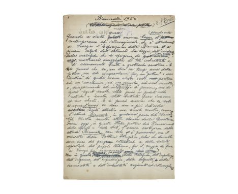 GIORGIO DE CHIRICO (1888-1978)BIENNALE 1950. MANUSCRIT AUTOGRAPHE. 6 pages in-4 à l'encre avec ratures et corrections.  Texte