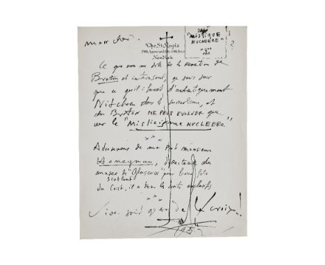 SALVADOR DALÍ (1904-1989)MISTIQUE NUCLEERE. LETTRE AUTOGRAPHE SIGNÉE à Michel TAPIÉ. New-York, 1952, une page in-4 à l'encre.