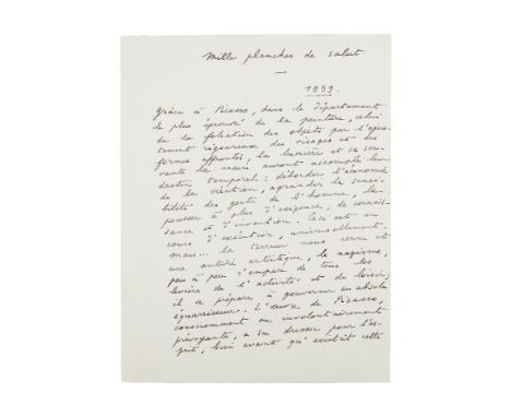 RENÉ CHAR (1907-1988)MILLE PLANCHES DE SALUT [PICASSO]. MANUSCRIT AUTOGRAPHE SIGNÉ, 1939-1969, 3 pages in-4 à l'encre. Magnif