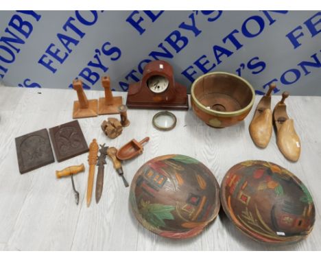 INTERESTING MIX LOT OF WOODEN ITEMS INCLUDING 2 ORIENTAL BOWLS, VINTAGE TOOLS AND A MAHOGANY MANTEL CLOCK ETC