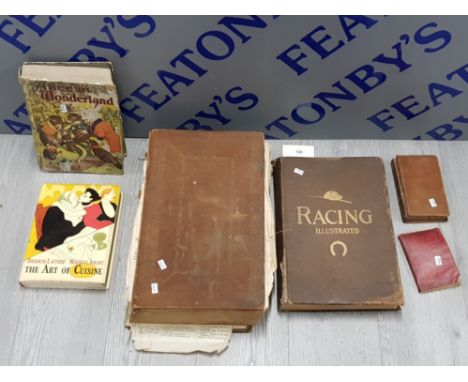6 HARD BACK VINTAGE BOOKS INCLUDES LARGE BIBLE,  RACING ILLUSTRATED AND ALICE IN WONDERLAND ETC