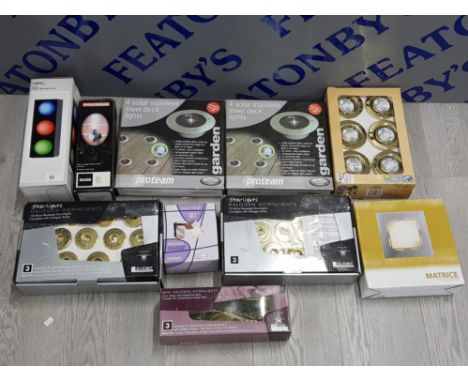 LIGHTS FROM B AND Q AND HOMEBASE INCLUDING STARLIGHTS HALOGEN DOWNLIGHTS,  8 SOLAR  STAINLESS STEEL DESK LIGHTS AND DISCO BLA