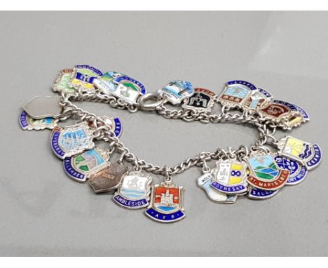 SILVER BRACELET WITH ASSORTED SILVER AND ENAMEL SHIELD CHARMS 41G GROSS