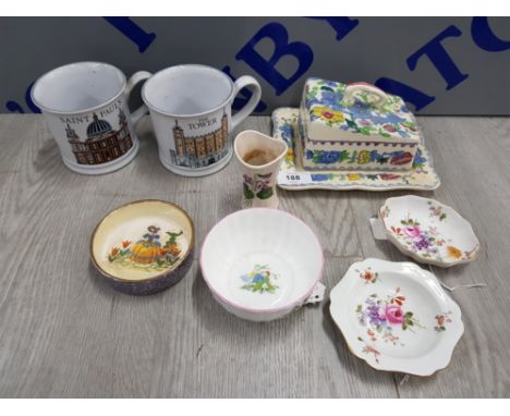 NICE COLLECTION OF POTTERY INCLUDING 2 BENBY COLOROLL CUPS, MASONS CHEESE DISH OF SAINT PAULS AND THE TOWER, 2 ROYAL CROWN DE