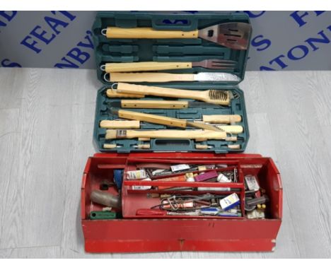 METAL TOOLBOX WITH TOOLS AND BBQ SET IN BOX