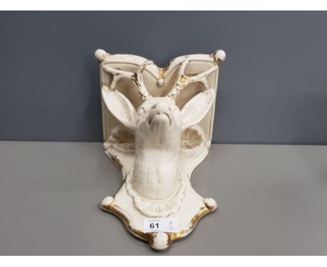 ANTIQUE VICTORIAN SCOTTISH POTTERY DEERS HEAD SUPPORTING AN INTEGRAL SHELF