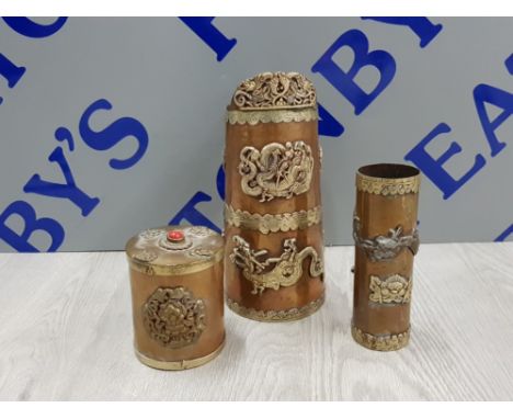 ASIAN TRINKET POTS AND COVERS INLAID AND OVERLAID WITH HWRDSTONES AND BRASS FIGURAL DECORATIONS