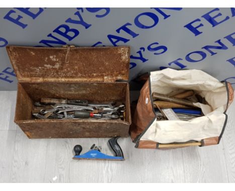 COLLECTION OF VINTAGE TOOLS INCLUDES SPANNERS,  HAMMERS, JOINERS PLANE WITH METAL TOOLBOX