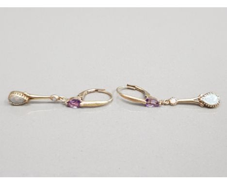 9CT YELLOW GOLD ORNATE DROP EARRINGS SET WITH PEAR SHAPED AMETHYST AND 2 OPALS WITH HINGE CATCHES 3.1G GROSS