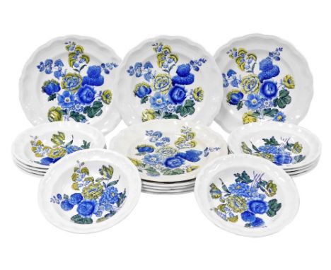 A group of Copeland Spode Blue Flowers pottery dinner wares, comprising eight dinner plates and ten bowls.  