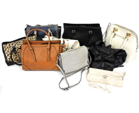 A group of lady's handbags, to include a leopard print style handbag, faux leather tanned shoulder bag, etc. (1 box) 