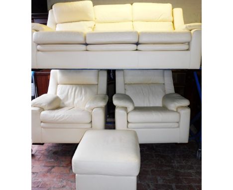 A quality cream leather four piece suite, comprising a three seater sofa, 200cm side, a pair of armchairs, and a pouffe.