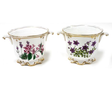 A pair of Spode Campanula porcelain jardinieres,  decorated with weigela and lavender, 16.5cm high. 