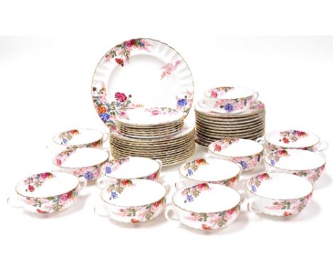 A Spode porcelain floral part dinner service, unnamed, comprising a dinner plate, twelve dessert plates, soup cups and saucer