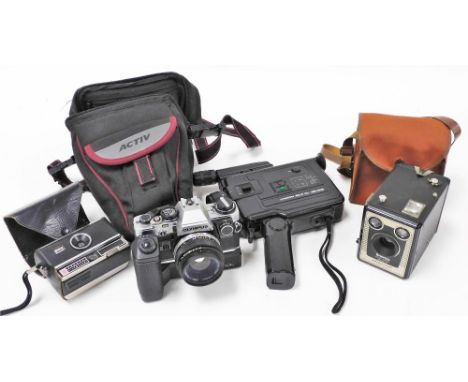 A Chinon 20PXL cine camera, an Olympus OM10 camera with a 50mm lens, an Instamatic camera 100 and a Kodak Brownie SIX-XX, mod