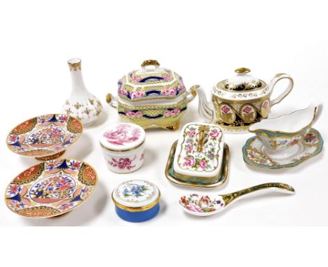 A group of Spode porcelain miniatures, including a sauce boat on stand, cheese dish and cover, pair of tazza, teapot and a tu