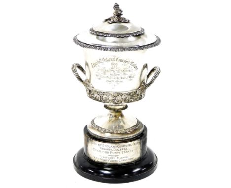 A George III silver campana shaped two handled trophy and cover, embossed with a band of vines, the collar and foot with acan