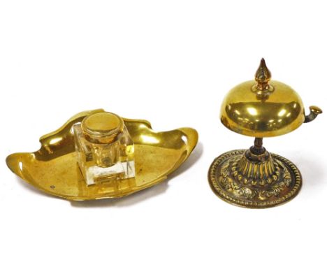 A Victorian brass counter bell, together with an Art Nouveau brass and cut glass inkwell on stand. (2) 