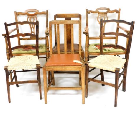 A pair of Victorian oak and beech carver chairs, with floral wool work tapestry seats, together with a pair of oak ladder bac