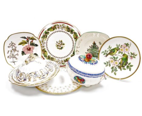 A Spode Hallmark porcelain muffin dish and cover, cake stands decorated in the Fleur de Lis Gold and Christmas Rose patterns,