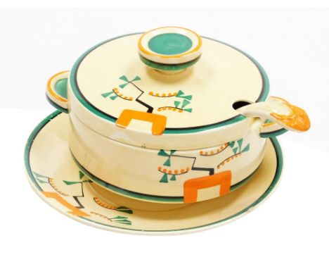 A Clarice Cliff Bizarre Ravel pattern sauce tureen and cover, ladle and stand, each piece hand painted with an abstract desig