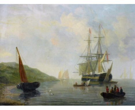 19thC British School. Seascape with two masted ship, fishing boat, etc., oil on canvas, unsigned, 35cm x 40cm. 