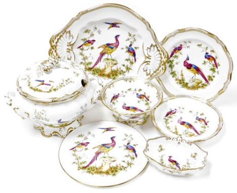 A group of Spode Chelsea Bird pattern porcelain, comprising a soup tureen cover and stand, pedestal fruit bowl, soup and dinn