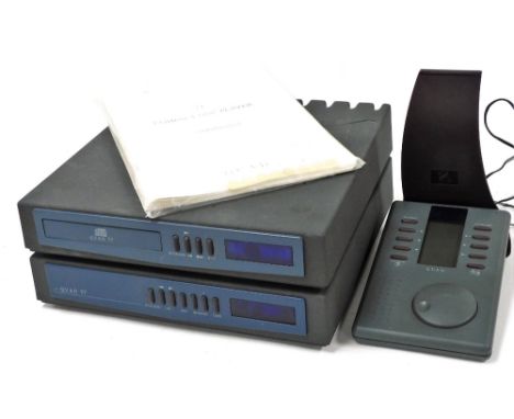 A Quad 77 stereo amplifier, together with a compact disc player and remote panel, with instructions. 