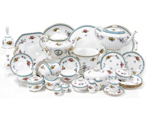 A Spode Trapnell Sprays pattern porcelain part tea service, comprising four bread and cake plates, butter dish and cover, two