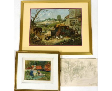 A group of pictures, after A.S, children playing in garden with kitten, print, 15cm x 20cm, pencil sketch of a locomotive, 21