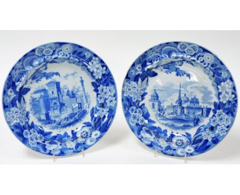 A pair of early 19th Don pottery blue and white Italian Views plates, comprising the Obelisque at Catania and view in Palma.
