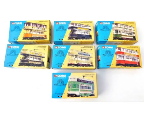 Seven Corgi Classics die cast vintage trams, comprising Dundee, Leicester, Glasgow, West Hartlepool, Wallasey, London, and Le
