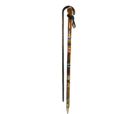 An Alpine mountain climbing stick, bearing badges for Neuschwanstein, Switzerland, Hohenschwangau and others, 93cm high, toge