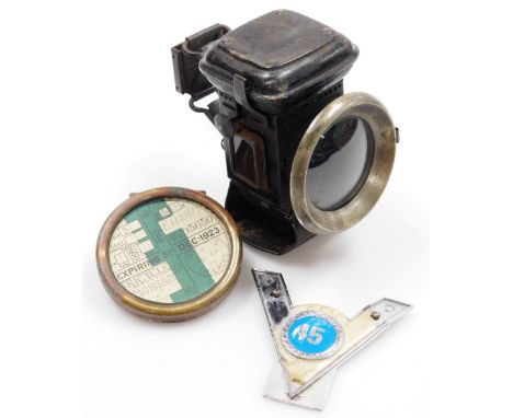 A P&amp;H Demon King vintage bicycle oil lamp, together with a Morgan Tricycle Road Fund License, dated 10AP23, and a Gem Vet