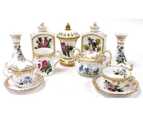 A group of Spode Stafford Flowers pattern porcelain, comprising a pair of tea caddies, pair of candlesticks, pot pourri vase,