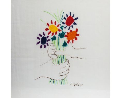 after Pablo Picasso, 'The gift of flowers'framed lithograph print on cloth, printed signature and dated '21.4.58' lower right