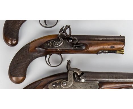 A flintlock overcoat pistol by Clough of Bath, plain .577 octagonal barrel, chequered bag walnut stock, engraved steel furnit