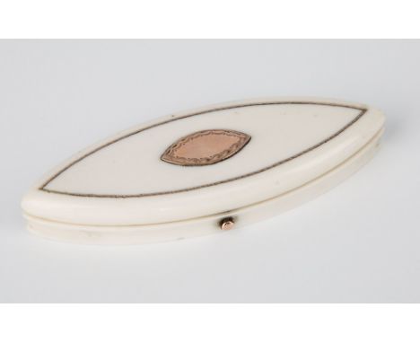 An ivory toothpick box, 19th century, navette form with gold vacant reserve to centre, gold strung edge, mirror to lid interi